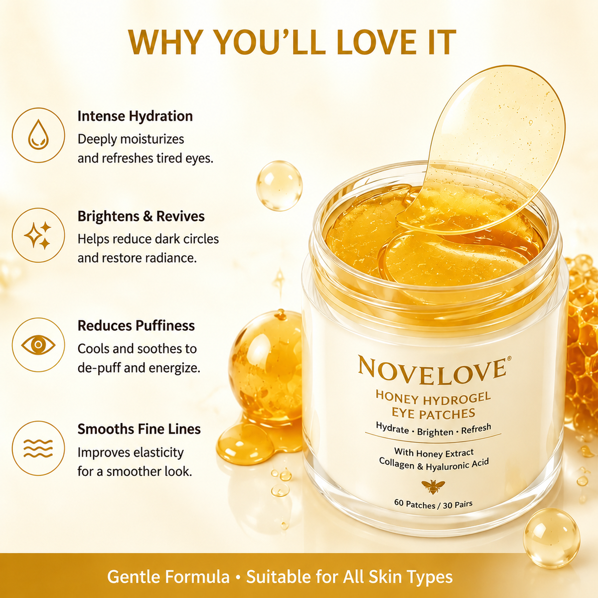 NOVELOVE®Patchs hydrogel pour les yeux au collagène et au miel