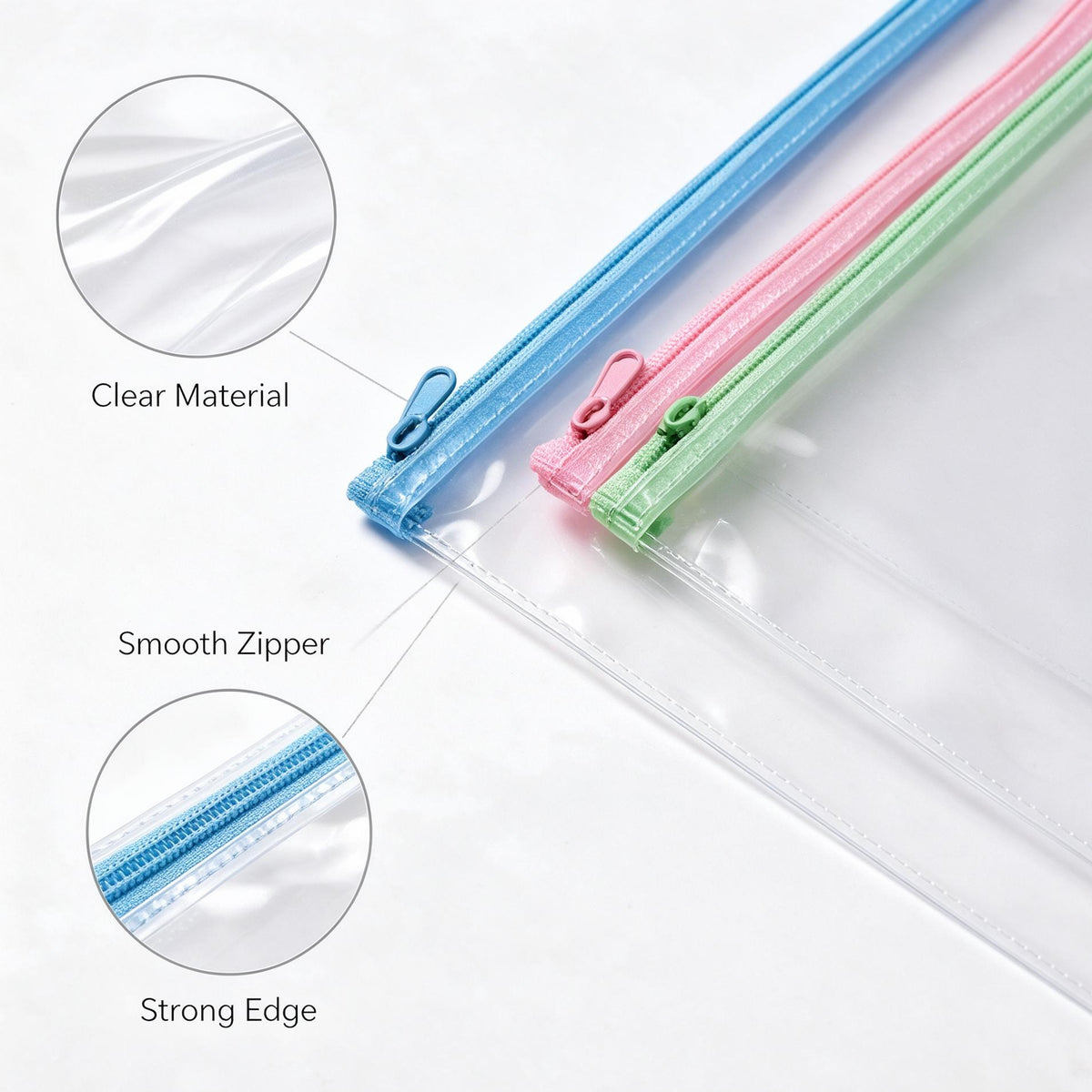 Ethanassociates Clear PVC Zipper File Bags, Transparent Plastic Document Pouch for School Office Supplies