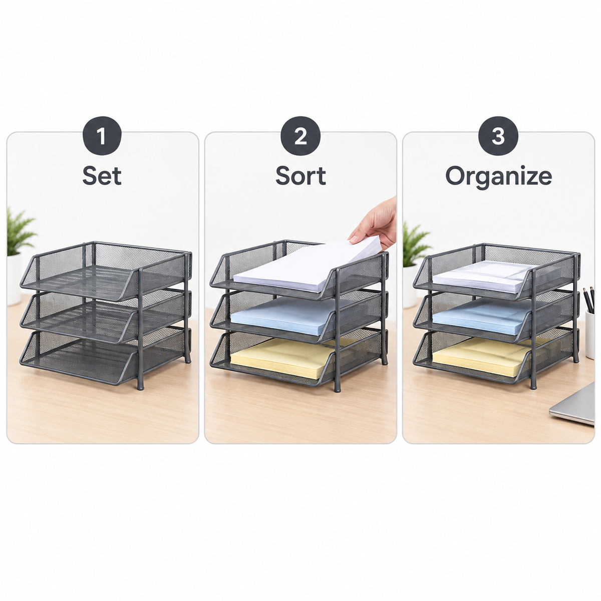 Ethanassociates 3‑Tier Metal Mesh Desk File Organizer, Office Paper Document Tray