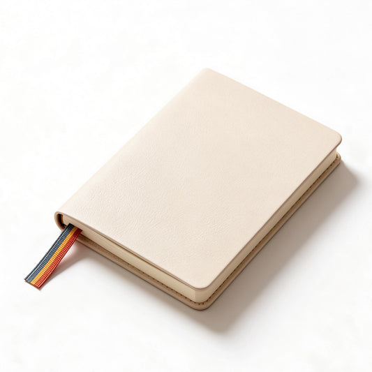 Ethanassociates Beige Soft‑Touch PU Leather Notebook With Rainbow Ribbon Bookmark